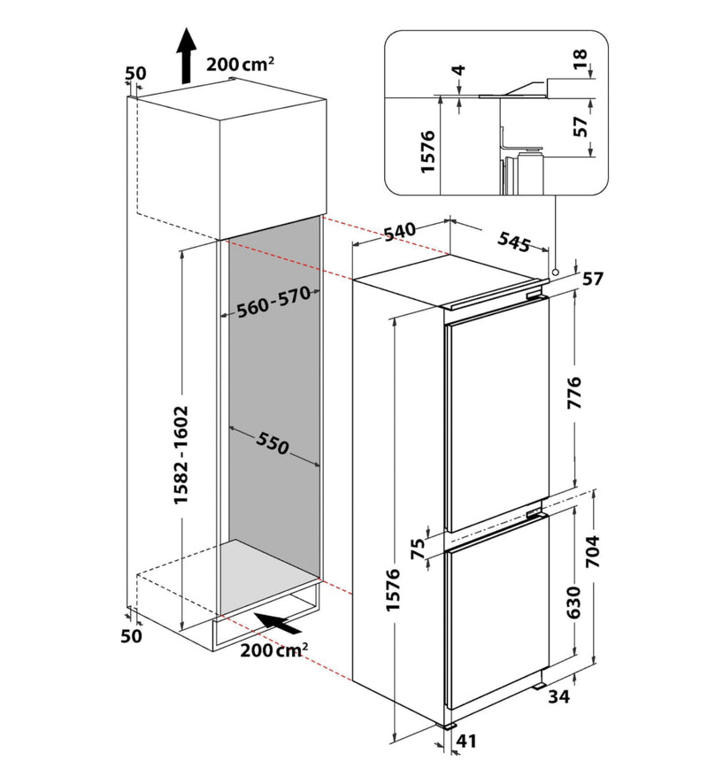 PRIVILEG (BAUKNECHT) || 158CM || Inbouw || Koelkast || Koelvriescombinatie || Sleepdeur || LessFrost || PCI 16S2 ||