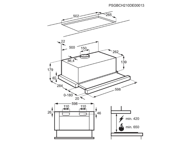 Uitgeschoven AEG DPS362AS vlakscherm afzuigkap met zichtbaar uittrekbaar front boven de kookplaat