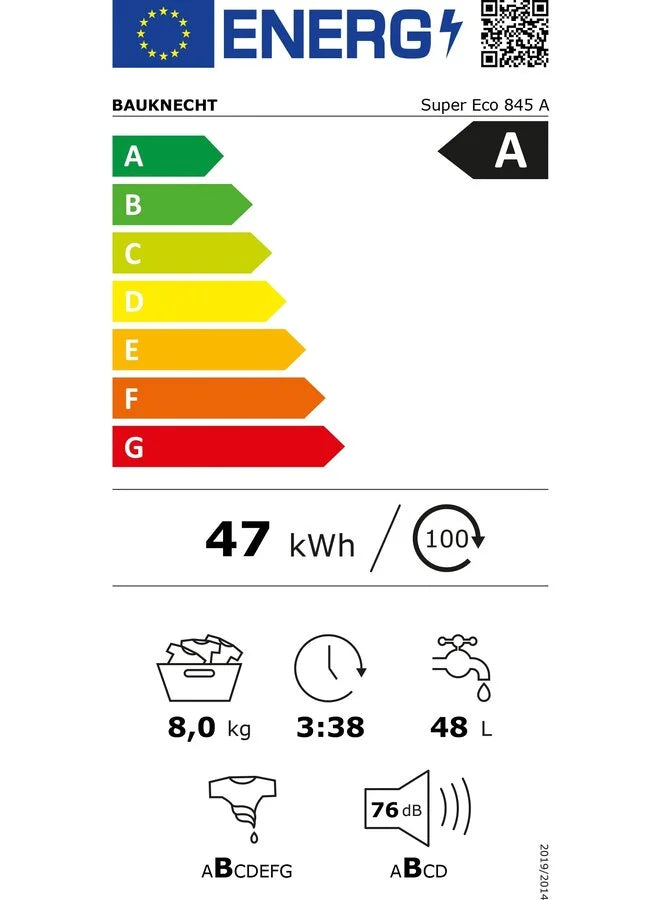 Energielabel en technische gegevenssticker van de Bauknecht Super Eco 845 A