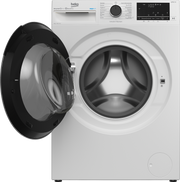 Beko B5WFU58418W wasmachine met geopende deur en zicht op de wastrommel