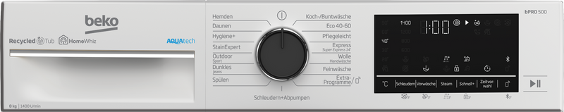 Zijaanzicht van de Beko B5WFU58418W vrijstaande wasmachine