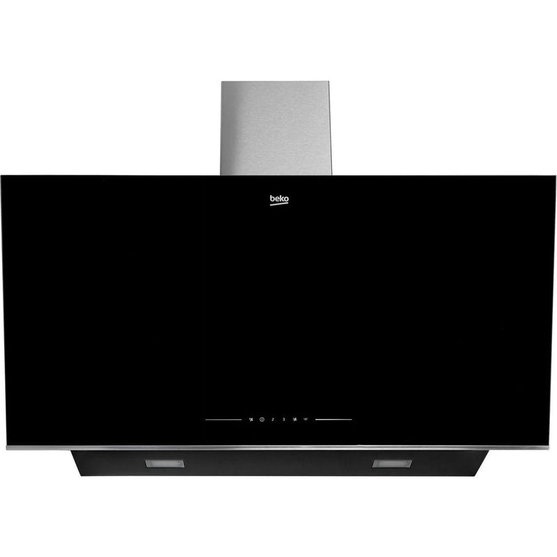 Beko BHCA96641BBHS 90cm wandafzuigkap in zwart glas als schuin model tegen de muur