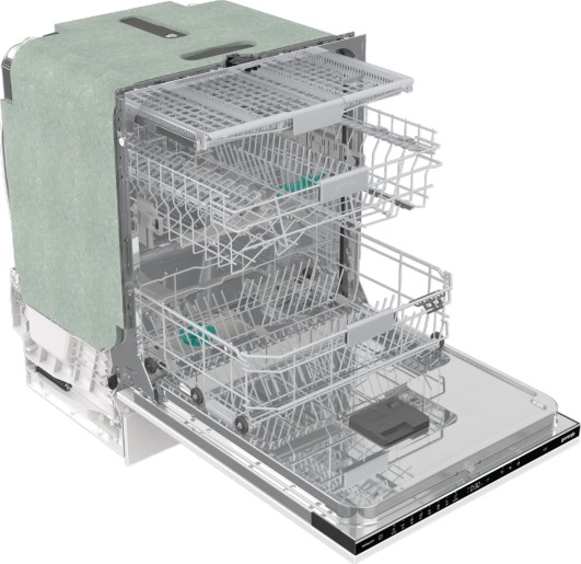 Interieur van de Gorenje GV673B60 met bovenkorf en onderkorf voor servies en pannen