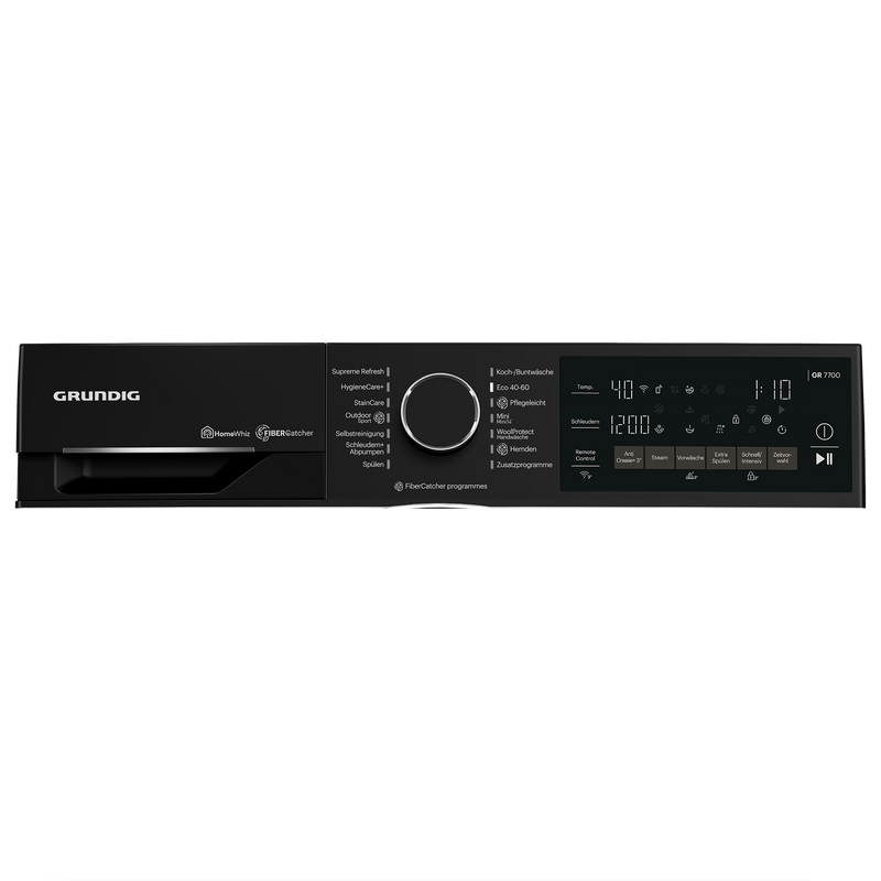 Zijaanzicht van de Grundig GW7P510419W vrijstaande wasmachine