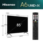 Hisense 85A6N 4K Smart TV opgesteld op een tv-meubel met middenstandaard
