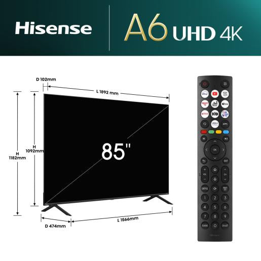 Hisense 85A6N 4K Smart TV opgesteld op een tv-meubel met middenstandaard