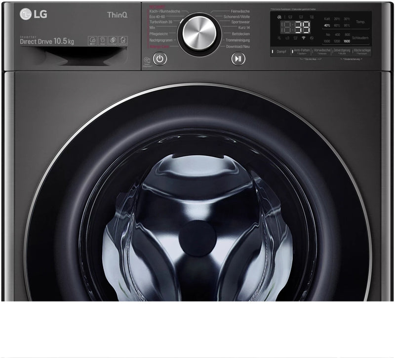 LG F6WV710P2S 10,5 kg wasmachine met geopende deur en zicht op de ruime trommel
