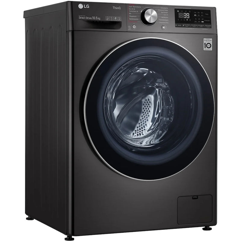 Zijaanzicht van de LG F6WV710P2S vrijstaande wasmachine in een wasruimte
