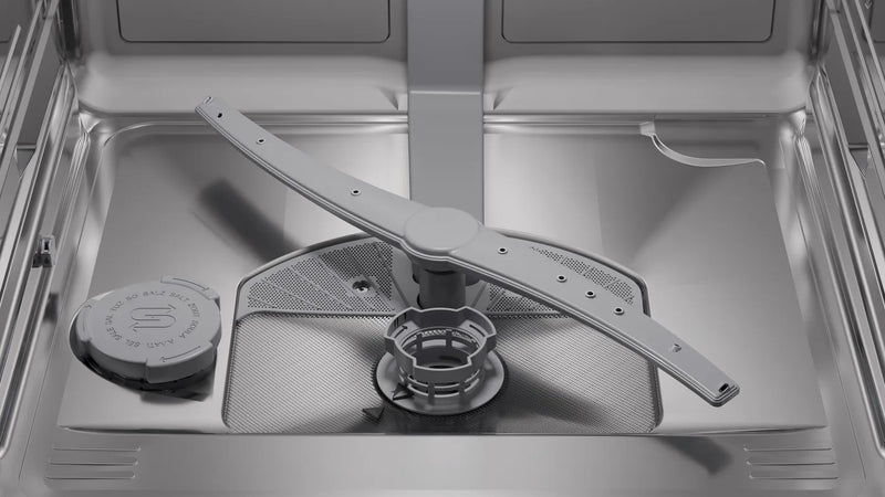 Roestvrijstalen kuip en spoelarmen van de Siemens SN53ES22AE vaatwasser van binnenuit