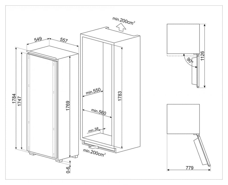 Deur-op-deur scharnier/montage van de SMEG S9L174D1D inbouw koelkast